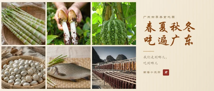 米色宣纸底封面，左侧六格广东时令食材图（春笋、荔枝菌、雷公凿凉瓜、南雄白果、文庆鲤、东陂腊味），右侧行楷题字：春夏秋冬，吃遍广东