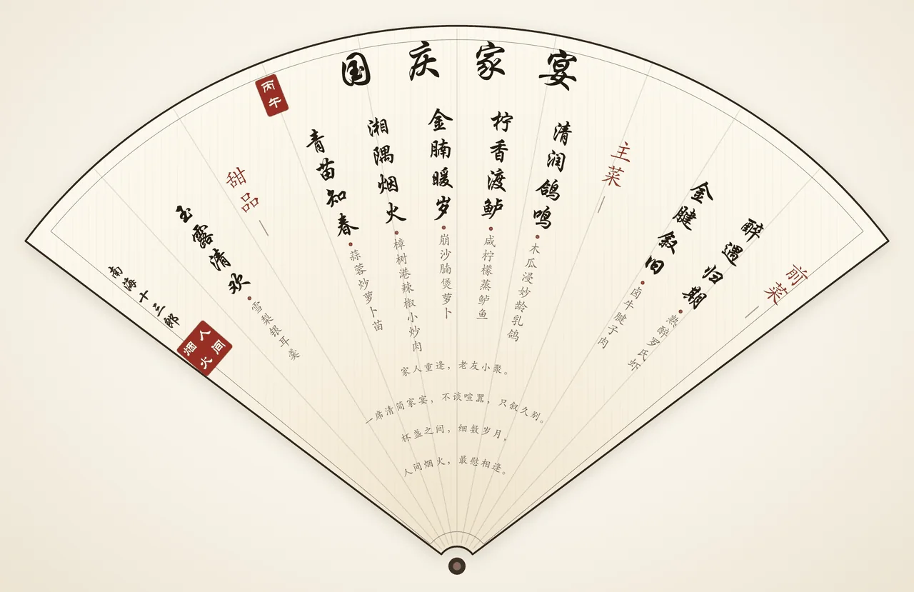 国庆家宴书法菜单:宣纸扇面,行楷大字「国庆家宴」,八道菜按前菜、主菜、甜品径向竖排,右下落款南海十三郎与朱印