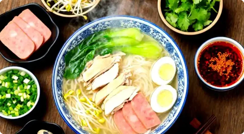 一碗热腾腾的米线，配鸡肉片、午餐肉、青菜、卤蛋和辣椒油，周围环绕配料小碟