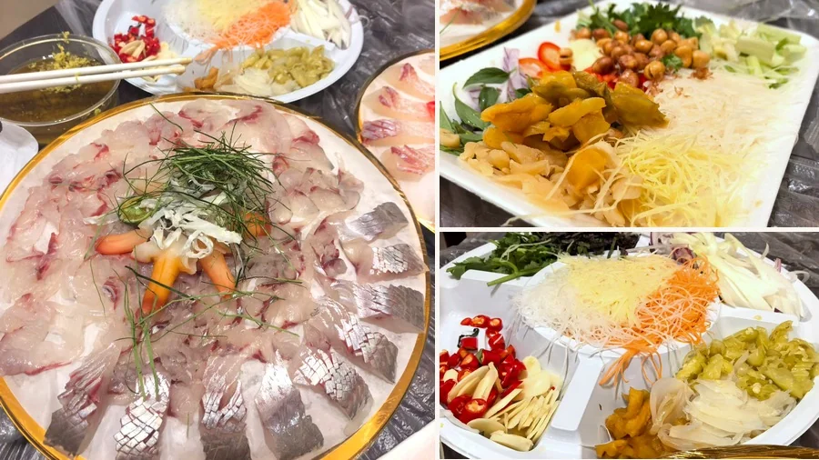 顺德鱼生：薄切草鲩鱼片铺满金边冰盘，配七彩丝、酸荞头、花生与姜葱蘸料