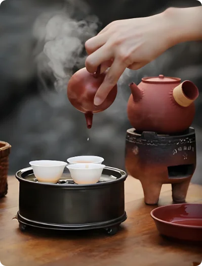 潮汕工夫茶：朱泥壶高冲淋杯，热气升腾，三只白瓷小杯列阵，红泥风炉煮水